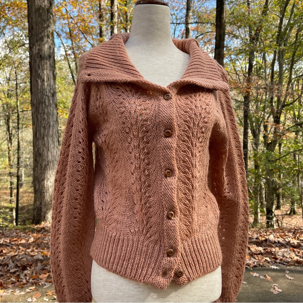 Campus Casuals Vintage Dusty Rose Open Knit Button Front Cardigan Small